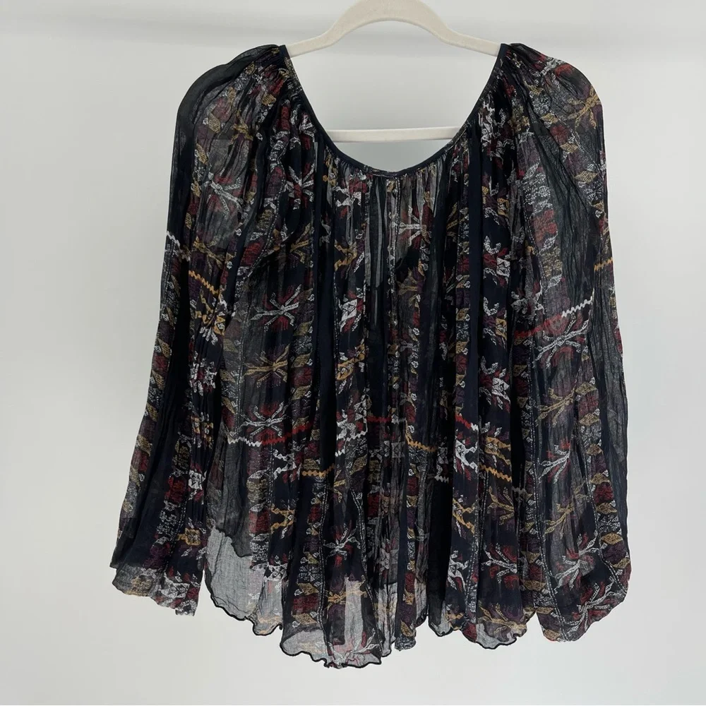 Free People One Oversized Button-Down Semi-Sheer Southwestern Printed Top